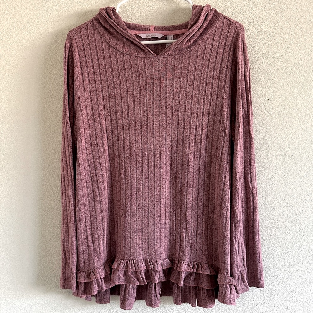 AnyBody Hooded Ruffle Hem Ribbed Long Sleeve Pullover Size Medium Dusty Pink